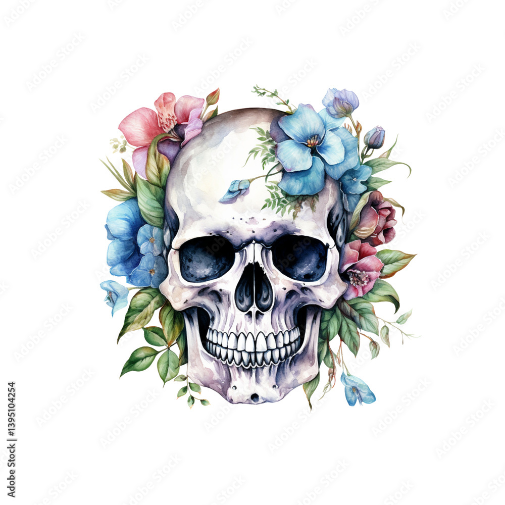 Fototapeta premium Romantic floral skull illustration, feminine skull with flowers, soft gothic clipart in pastel tones, PNG with transparent background, 300 DPI, elegant hand-painted watercolor art for creative project