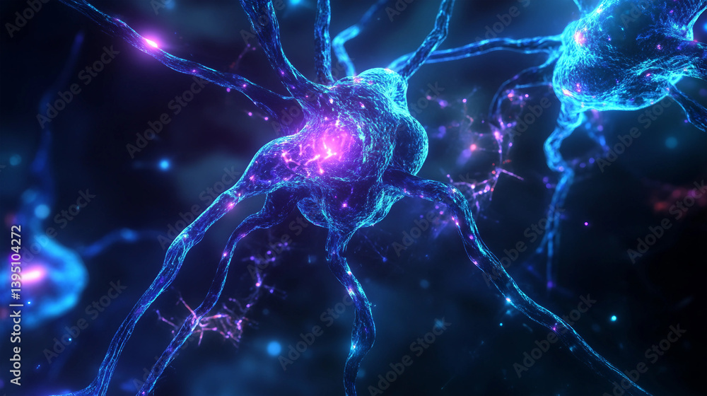 Close up of two blue and purple brain cells Close up of two blue and purple brain cells