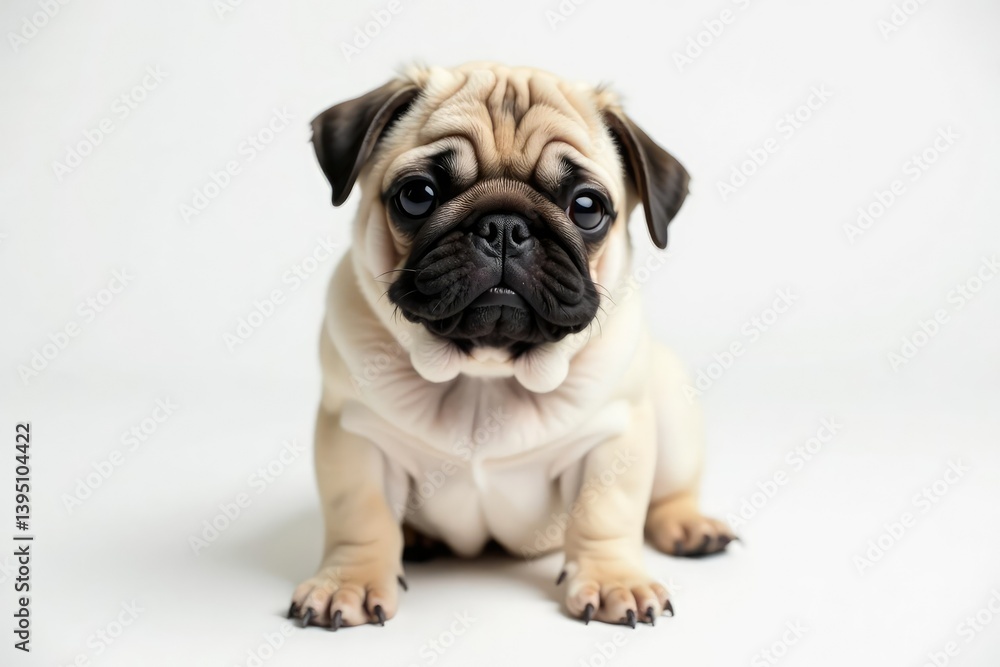 Obraz premium Small wrinkly pug, looking at camera, pure white backdrop, isolated dog, adorable, white background photography