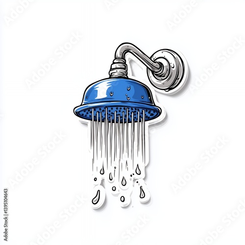 Blue Pixel Art Showerhead Illustration with Water Droplets