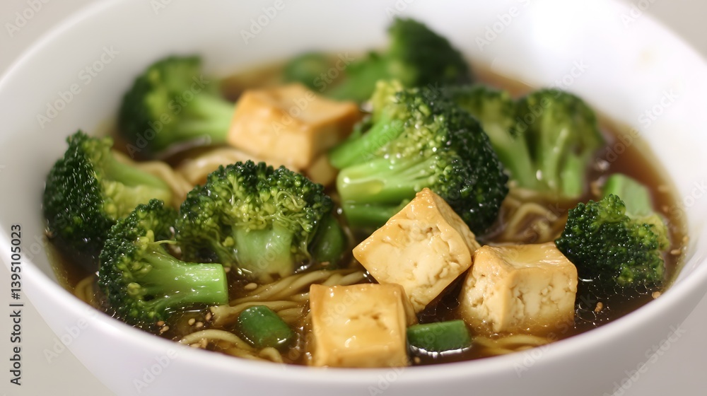 Delicious Tofu and Broccoli Noodle Soup Bowl Delicious Tofu and Broccoli Noodle Soup Bowl