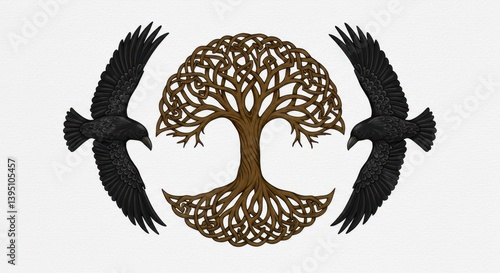 Norse Emblem with Huginn and Muninn Ravens Encircling Yggdrasil Tree