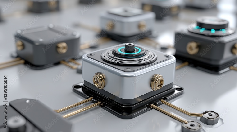 Close up of silver and black control boxes with dials and connectors, arranged on a white surface. Clean, metallic design. Close up of silver and black control boxes with dials and connectors, arranged on a white surface. Clean, metallic design.
