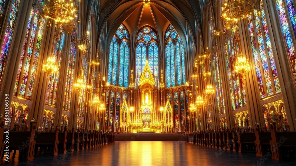 Fototapeta premium Gothic cathedral with intricate stained glass windows, golden chandeliers, and a celestial aura