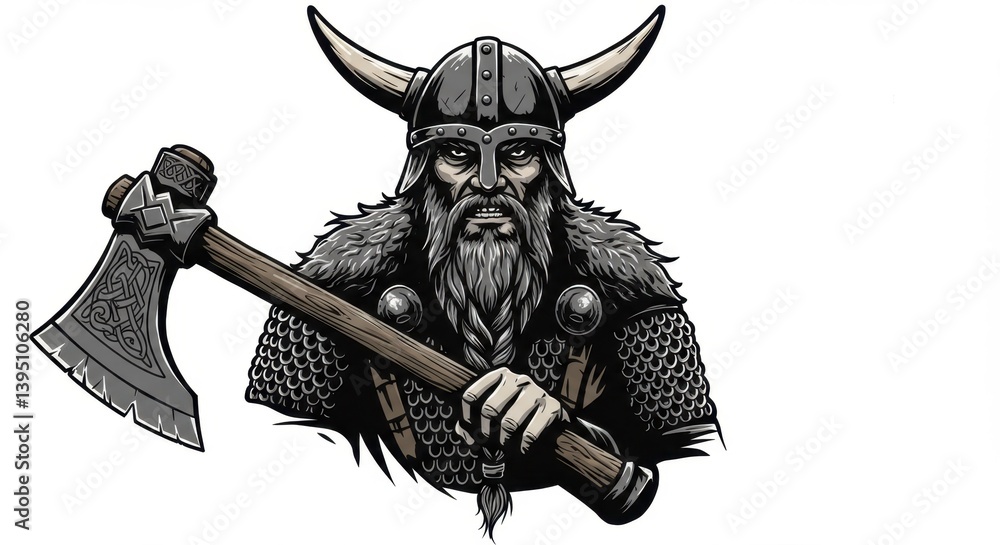 Obraz premium Fierce Viking Warrior with Horned Helmet and Braided Beard Emblem
