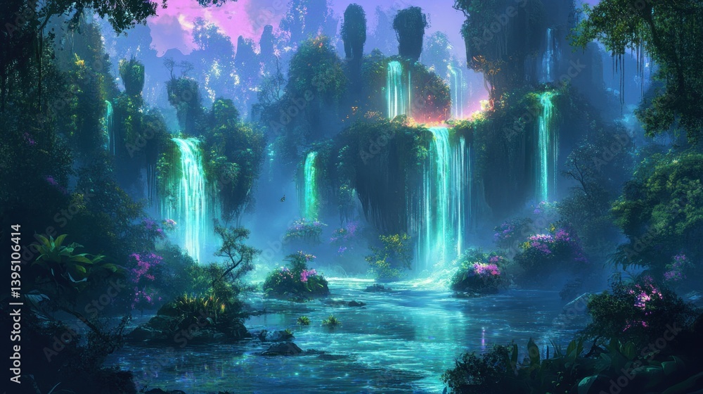 Obraz premium Lush, mystical waterfalls cascade down vibrant, surreal rock formations in a serene, tropical forest