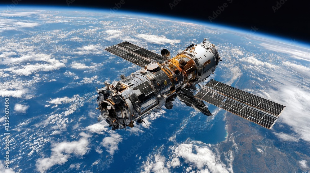 Fototapeta premium Space station orbiting Earth, viewed from space. Clouds and landmasses are visible below. The station is large and complex, with solar panels and various modules.