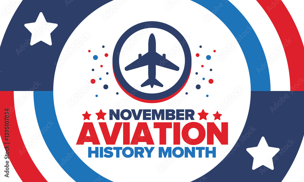 Obraz premium Aviation History Month in United States. Holiday in November. Design with airplane and american flag. Poster, card, banner and background. Vector illustration