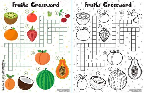 Fruits crossword set. Educational activity pages in color and in black and white. Summer fruits puzzle game with apple, watermelon, strawberry, coconut and others. Vector illustration