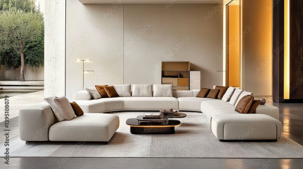 Fototapeta premium Ultra-modern minimalist luxury living space with warm neutral tones, plush sofas, and artistic lighting