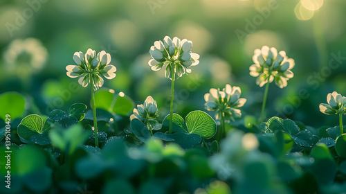 Obraz na płótnie Close-up photography of a patch of clover, with the intricate shapes of their leaves and the softness of their tiny blooms in perfect focus. w salonie