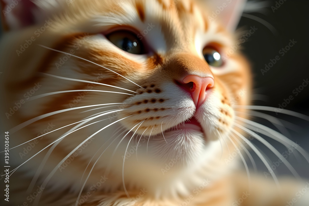Intimate Portrait of a Feline Companion, A Detailed Close-Up of a Ginger Cat's Face Showcasing Its Delicate Features and Expressive Eyes in Soft Sunlight Intimate Portrait of a Feline Companion, A Detailed Close-Up of a Ginger Cat's Face Showcasing Its Delicate Features and Expressive Eyes in Soft Sunlight
