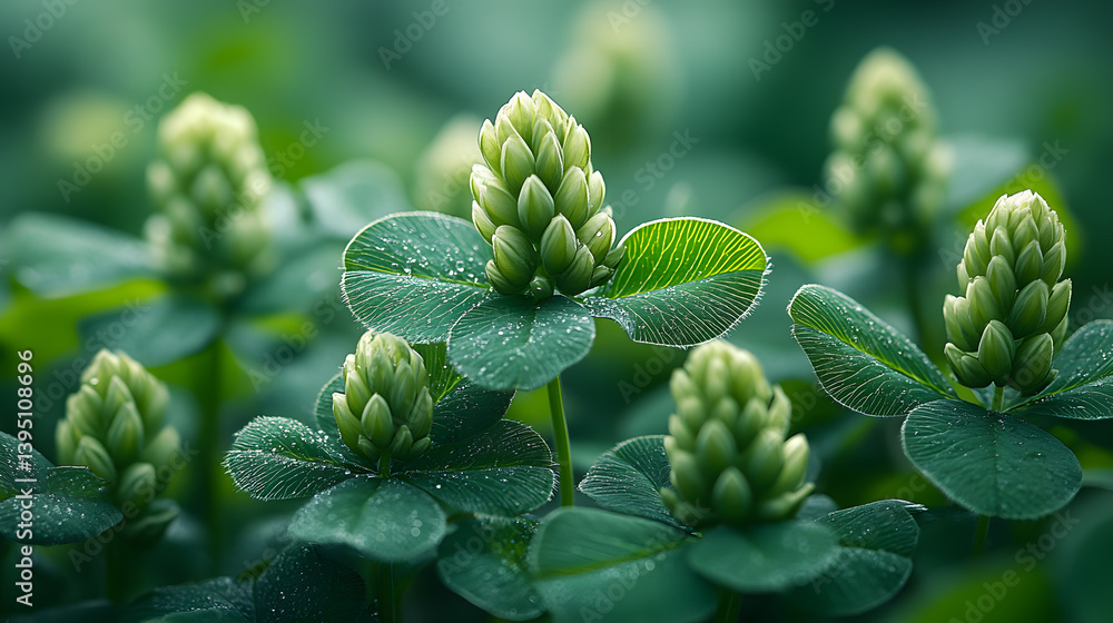 Close-up photography of a patch of clover, with the intricate shapes of their leaves and the softness of their tiny blooms in perfect focus.