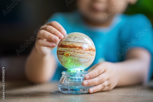 Child Exploring Glowing Jupiter Planet Model on Wooden Table