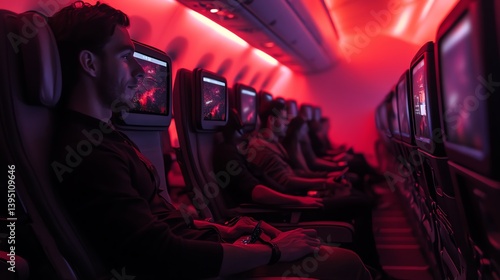 A man enjoys in-flight entertainment on a red-lit airplane.  The mood is relaxing and futuristic. Perfect for travel and technology websites.