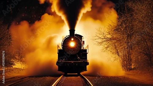 Antique steam train emitting smoke on tracks, illuminated by warm glowing light in a moody atmospheric winter landscape