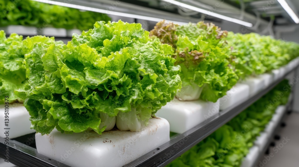 Rows of vibrant green and red lettuce plants thrive under bright indoor LED grow lights in a hydroponic system. Rows of vibrant green and red lettuce plants thrive under bright indoor LED grow lights in a hydroponic system.