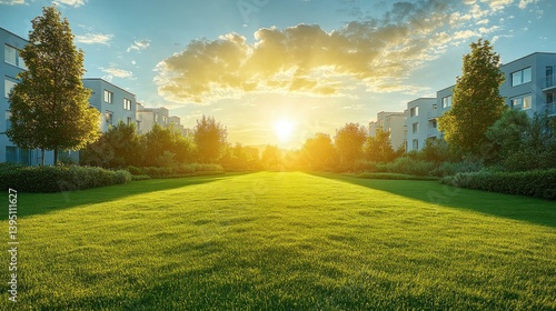 Wallpaper Mural Lush green lawn between modern apartment buildings at sunset Torontodigital.ca