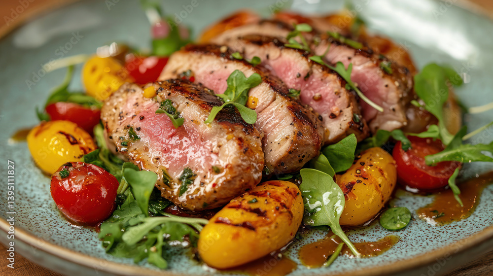 Tender sliced meat garnished with vibrant vegetables creates gourmet dish that delights senses Tender sliced meat garnished with vibrant vegetables creates gourmet dish that delights senses
