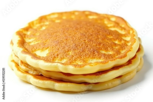 Close-up of a single, flipped pancake, isolated on white , flipping, eat, whipped cream