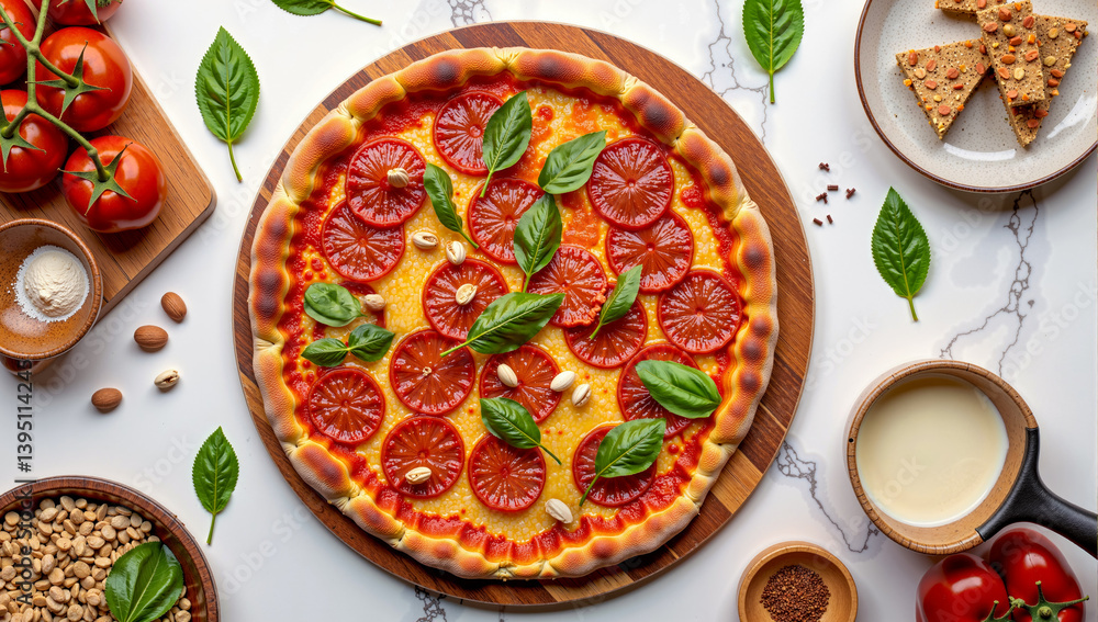 flat lay of a pepperoni and mozzarella pizza with basil garnish, surrounded by loose leaves, cherry tomatoes, and colorful pepper seeds on a beige background flat lay of a pepperoni and mozzarella pizza with basil garnish, surrounded by loose leaves, cherry tomatoes, and colorful pepper seeds on a beige background