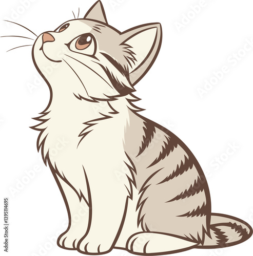 A cartoon of a sitting tabby cat with brown stripes, looking up with a happy expression on a white background.