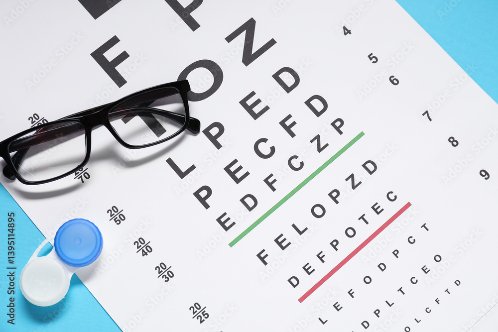 Glasses, vision test chart and lenses on light blue background, flat lay