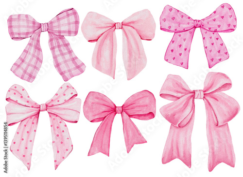 Pink bow set cute decorative hand drawn watercolor isolate png