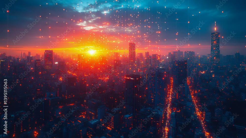 Fototapeta premium A glowing futuristic city skyline at sunset, illuminated by a network of digital lights, depicting an advanced urban environment