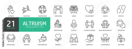 Set Of Altruism Line Icons. Contains such icons as Assistance, Compassion, Caring, Empathy, Charity, Benevolence, Sacrifice, Sympathy, and more.