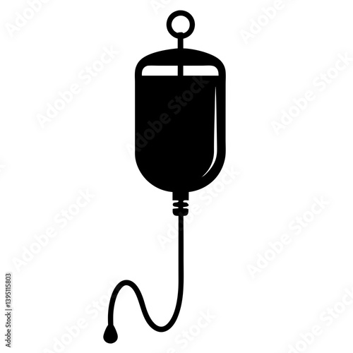 Silhouette of a Hanging IV Saline Bag with Tubing and Hook, Medical Setting, Representing Healthcare, Fluid Administration, Medical Equipment Vector Icon, Hospital, Treatment, Drip, Infusion Therapy.