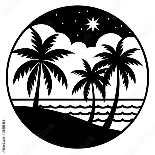 Hawaii beach logo vector silhouette featuring palm tree and beachside view. Tropical Island vacation logo design. Perfect for travel, surf, summer, resort, sunset, adventure, paradise, nature, tourism