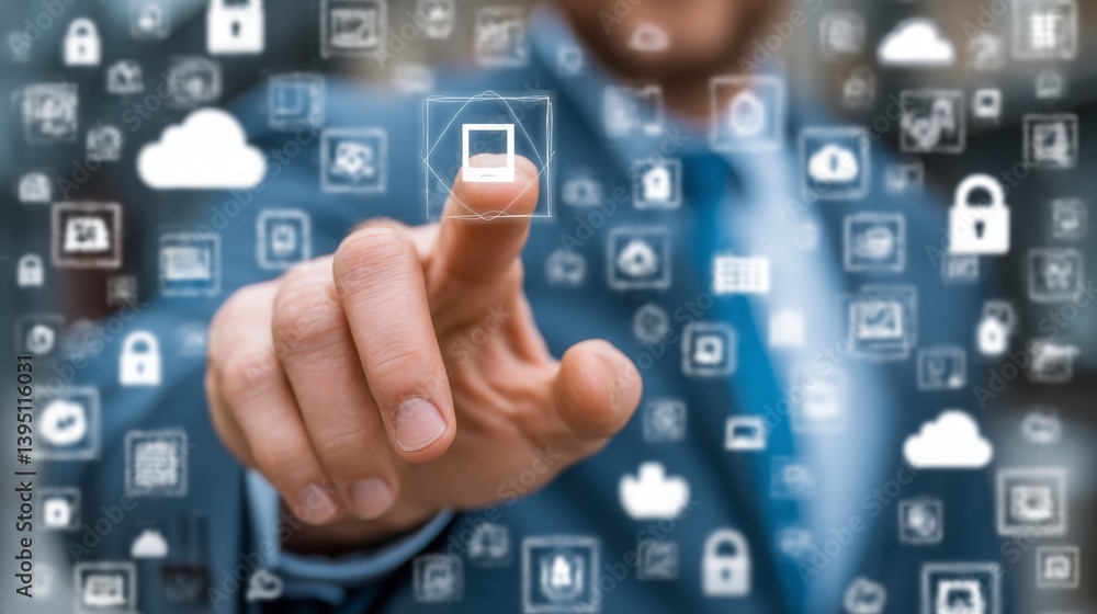 Close up of a businessman's hand interacting with a digital interface filled with various security icons and cloud symbols. Close up of a businessman's hand interacting with a digital interface filled with various security icons and cloud symbols.