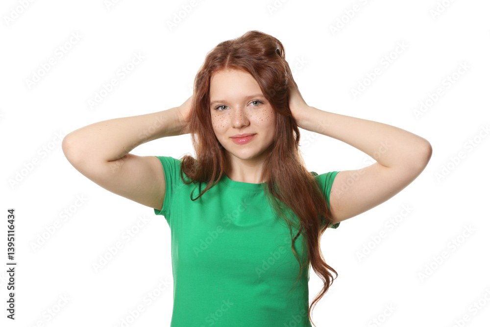 Beautiful teenage girl with freckles on white background Beautiful teenage girl with freckles on white background