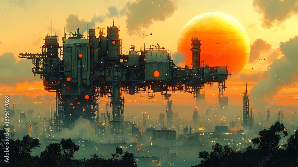 Fototapeta premium A massive, floating industrial complex hovers over a futuristic city at sunset.