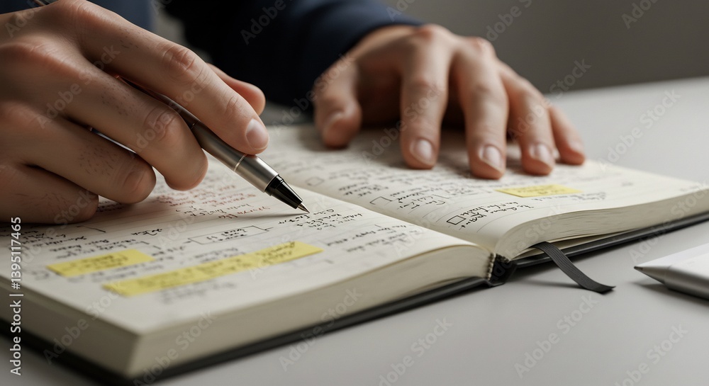 Naklejka premium Person thoughtfully reviews notes soft light. AI Generated