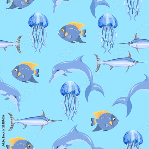 Seamless marine pattern of dolphin, fish and jellyfish on a blue background.Vector pattern for children's textiles, backgrounds,wallpapers.
