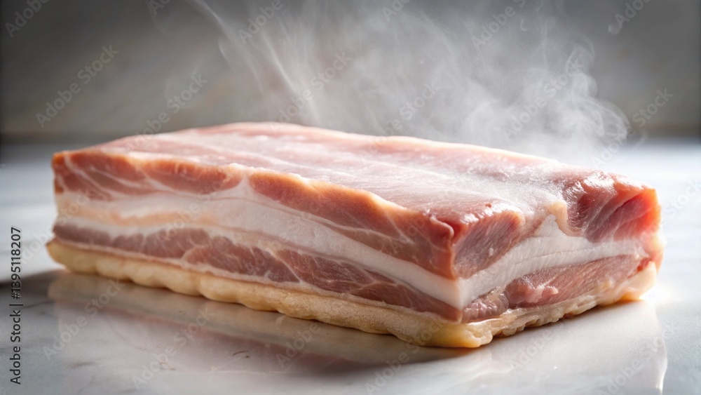 A succulent slab of pork belly, freshly prepared, emitting fragrant steam, ready for culinary creation A succulent slab of pork belly, freshly prepared, emitting fragrant steam, ready for culinary creation