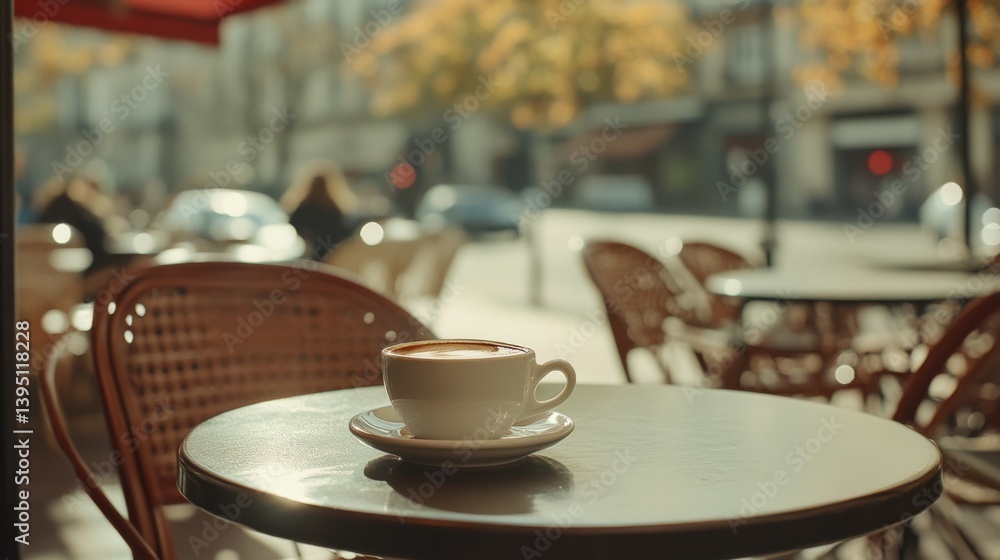 A serene café scene with a steaming coffee cup on a sunlit table, surrounded by soft-focus city life. A serene café scene with a steaming coffee cup on a sunlit table, surrounded by soft-focus city life.