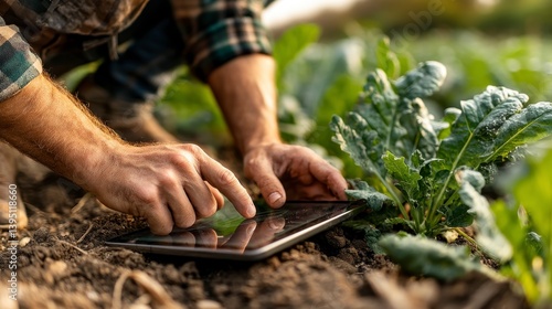 Farmer using digital tablet in a lush green field, checking on plants. Warm sunlight illuminates the scene.
