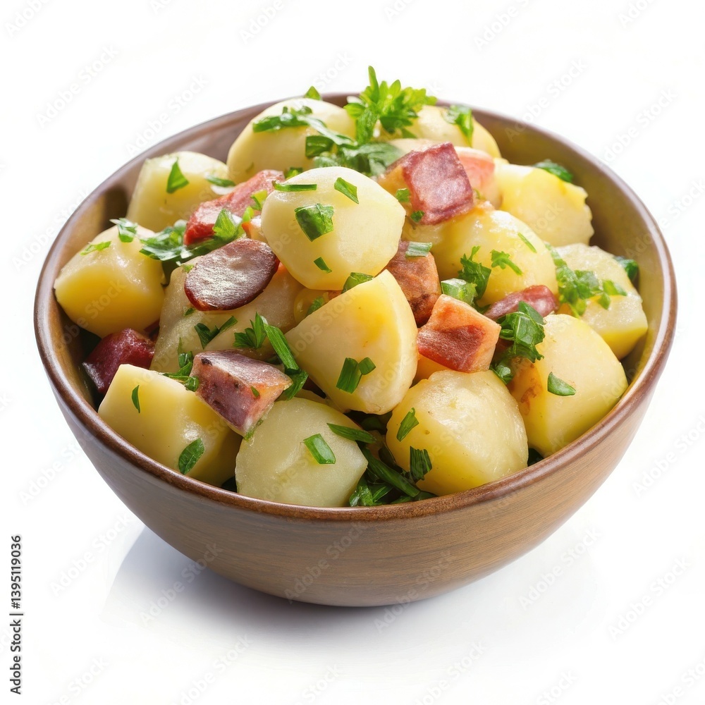 Creamy potato salad with sausage fresh herbs in a rustic bowl Creamy potato salad with sausage fresh herbs in a rustic bowl