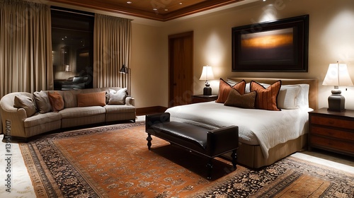 A multifunctional guest room with convertible furniture and soft lighting 