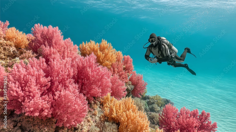 Diver exploring vibrant coral reef during underwater adventure in tropical sea