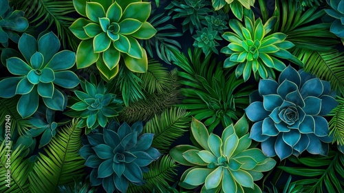 Lush Teal and Green Succulents and Ferns Top View