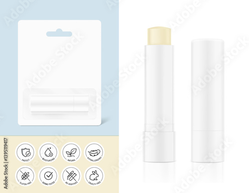 Lip balm care mockup with hang blister packaging. Front view. Realistic vector illustration isolated on white and colour background. Can be use for your design, advertising, promo and etc. EPS10.