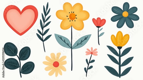 Pastel Flower and Heart Line Icons Simple Floral Illustrations