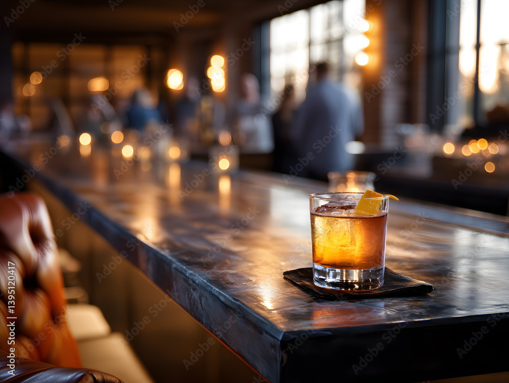 Old Fashioned Cocktail on a Bar Counter with Blurry Background Old Fashioned Cocktail on a Bar Counter with Blurry Background