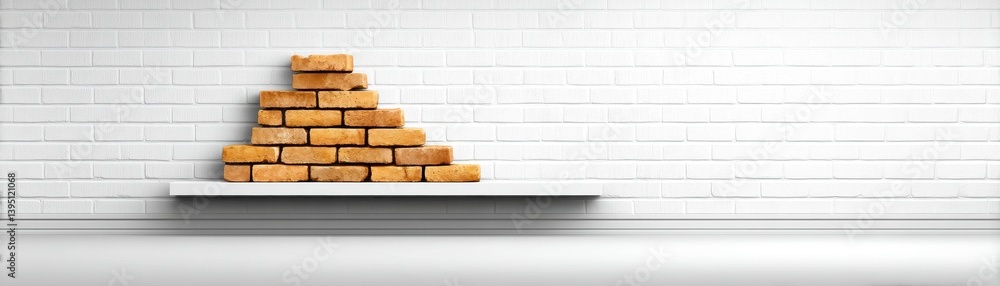 Obraz premium Light Brown Brick Stack on White Shelf Against White Brick Wall
