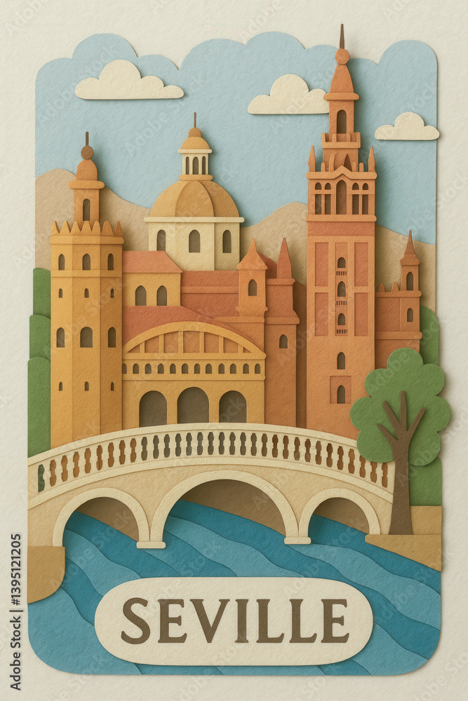 Fototapeta premium Colorful paper art of Seville cathedral with giralda and bridge
