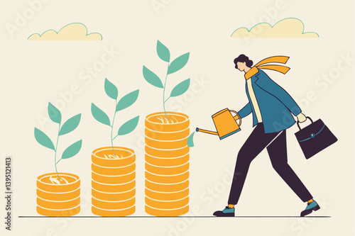 Businessman Watering Money Plants Metaphor For Investment And Financial Growth Illustration Finance Concept For Successful Strategy